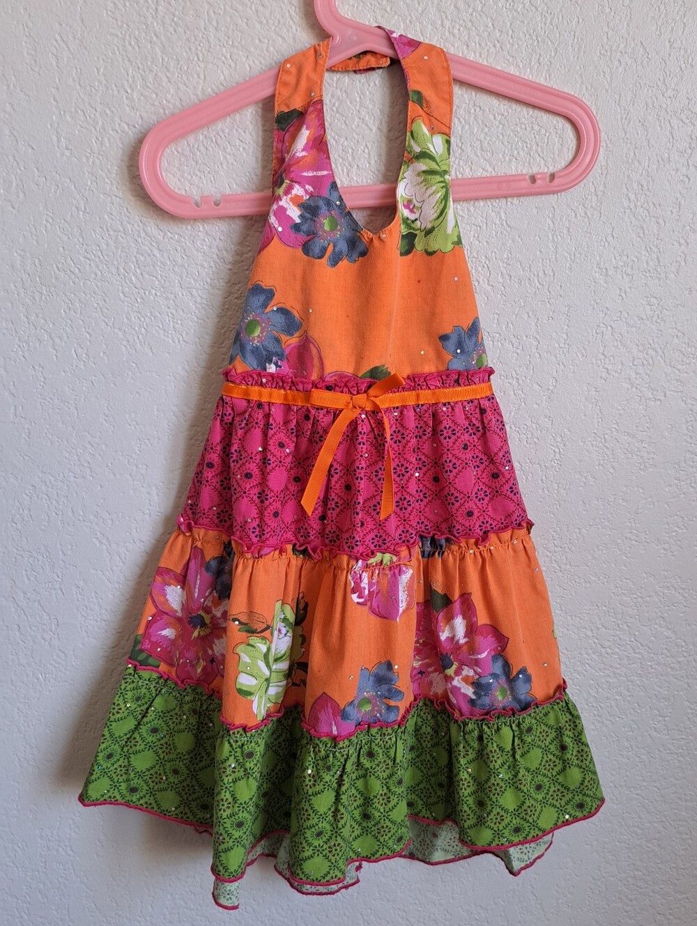 Blueberi Bloulevard Girls Orange Pink Floral Halter Dress Size 4